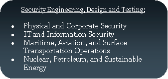 Rounded Rectangle: Security Engineering, Design and Testing:Physical and Corporate SecurityIT and Information SecurityMaritime, Aviation, and Surface Transportation OperationsNuclear, Petroleum, and Sustainable Energy